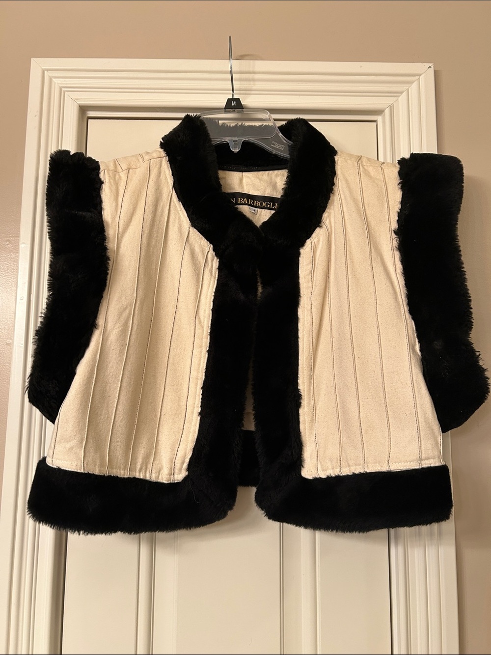 Jan Barboglio Cropped Ivory Vest Pleated with Black Fur